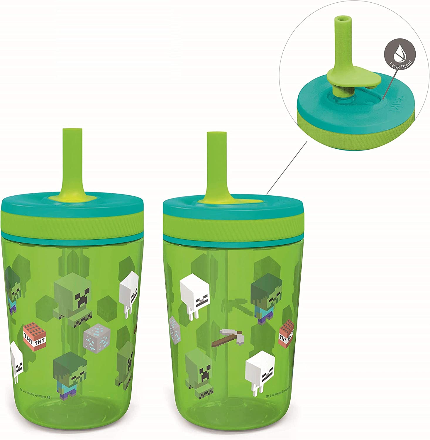 Zak Designs Minecraft Kelso Tumbler 2pc Set, Leak-Proof Screw-On Lid with Straw Made of Durable Plas