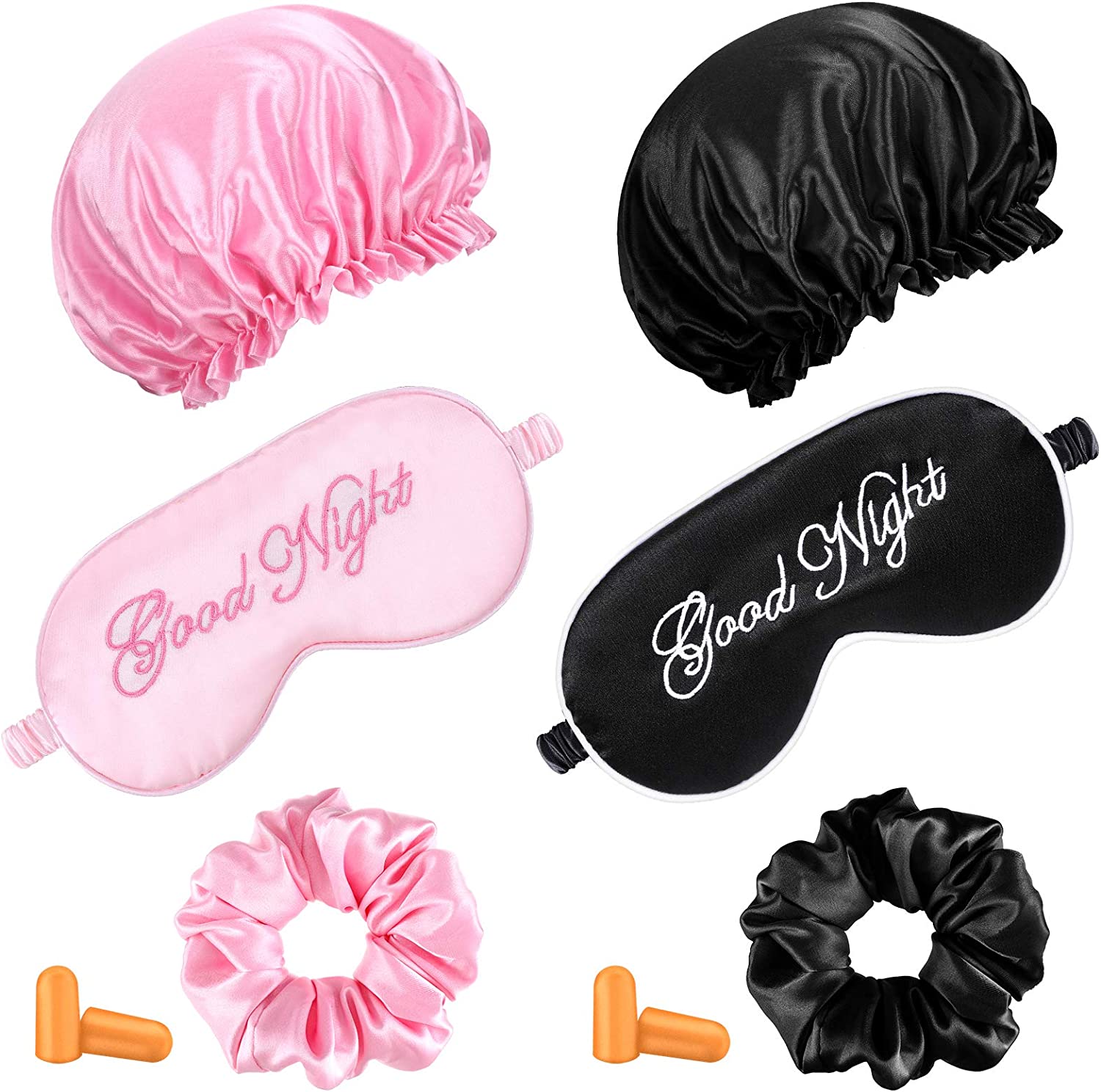 6 Pieces Silk Sleep Mask Set 2 Cute Funny Soft Silk Eye Shade Covers, 2 Silk Lined Sleep Cap Frizzy 