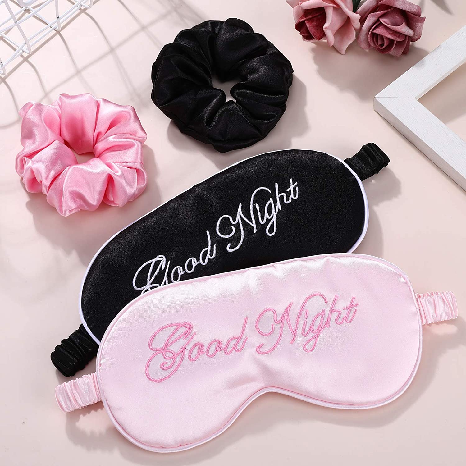 6 Pieces Silk Sleep Mask Set 2 Cute Funny Soft Silk Eye Shade Covers, 2 Silk Lined Sleep Cap Frizzy 