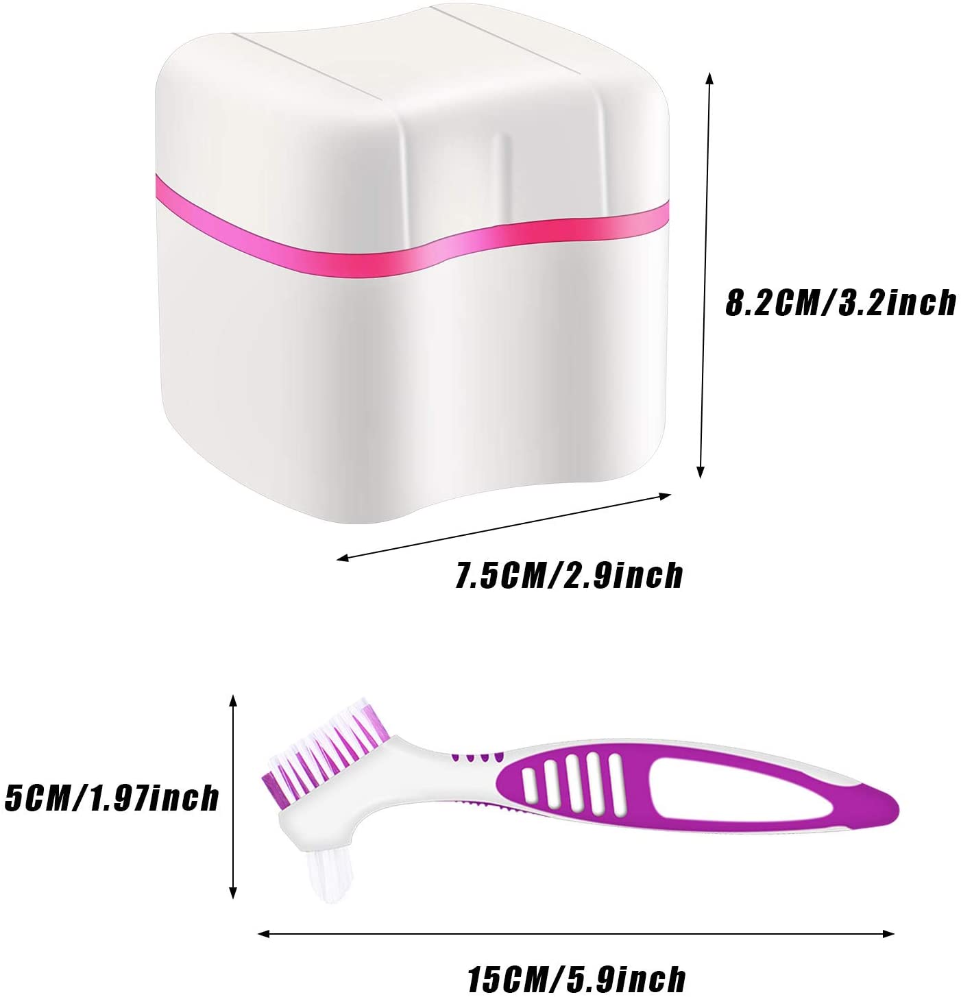 2 Denture Bath Cases Denture Cups with 2 Denture Cleaner Brushes Denture Container with Basket Dentu