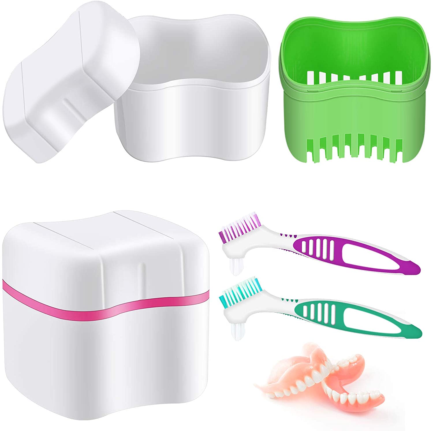 2 Denture Bath Cases Denture Cups with 2 Denture Cleaner Brushes Denture Container with Basket Dentu