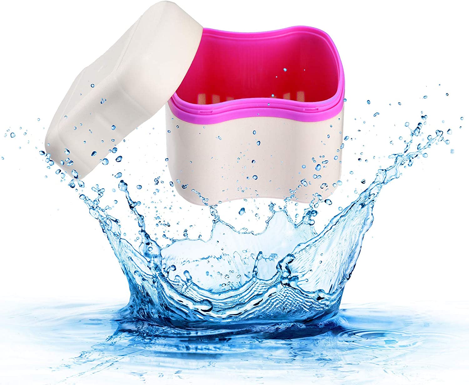 2 Denture Bath Cases Denture Cups with 2 Denture Cleaner Brushes Denture Container with Basket Dentu