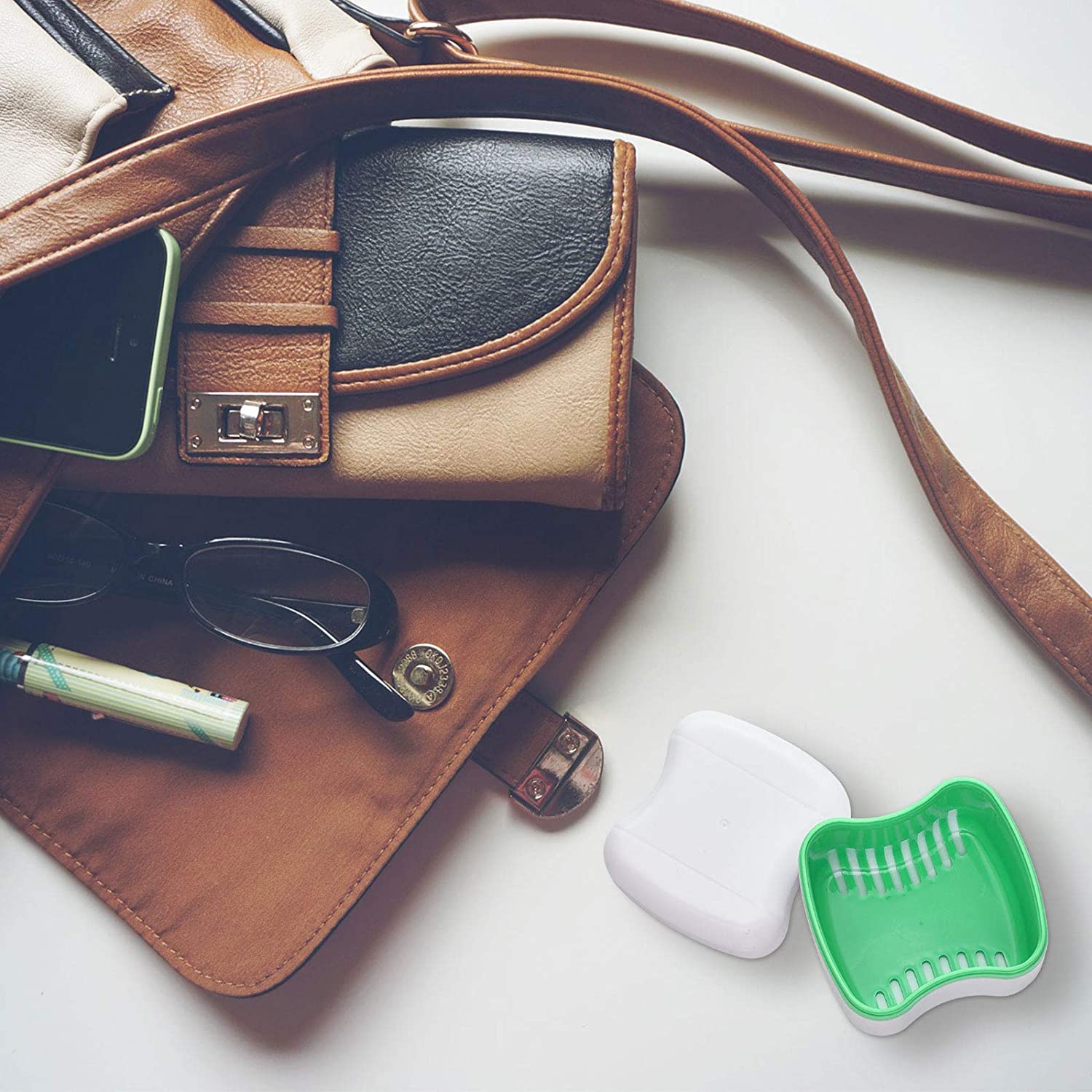 2 Denture Bath Cases Denture Cups with 2 Denture Cleaner Brushes Denture Container with Basket Dentu