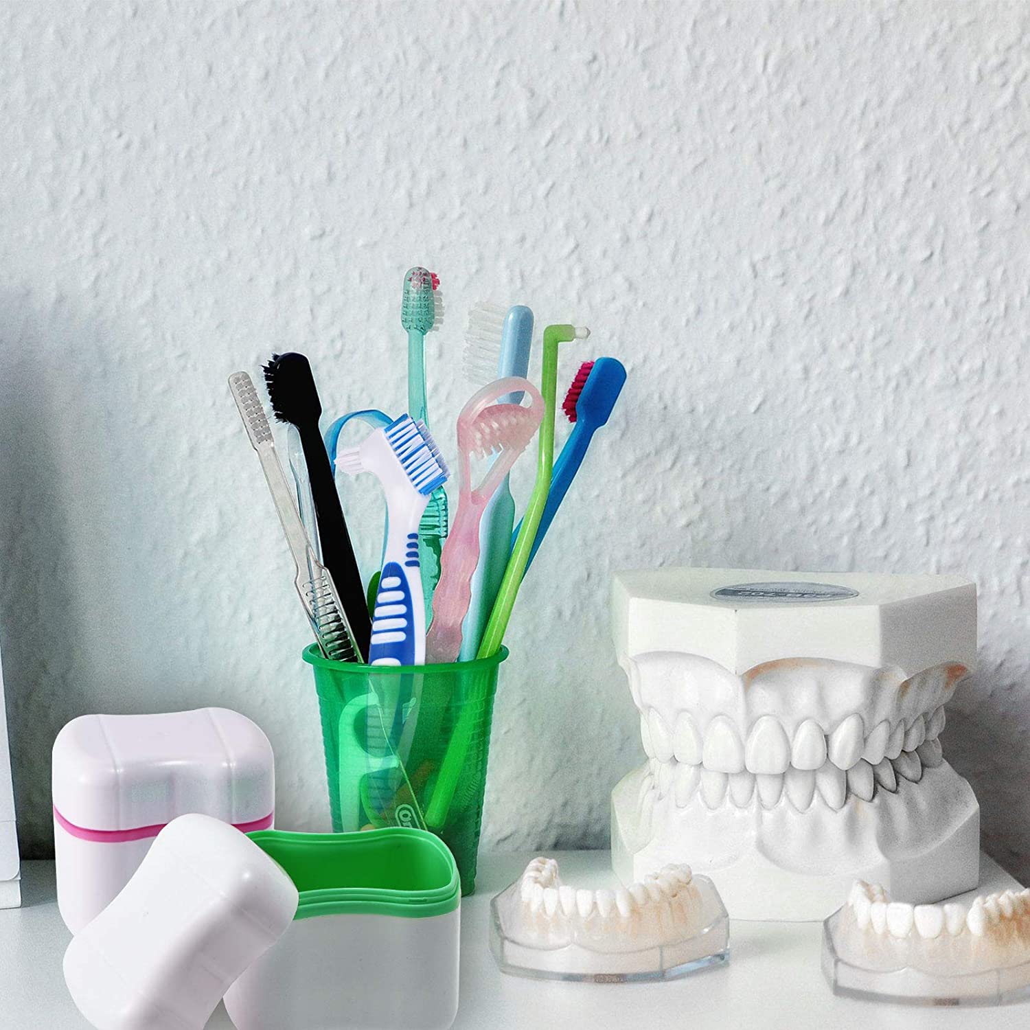 2 Denture Bath Cases Denture Cups with 2 Denture Cleaner Brushes Denture Container with Basket Dentu