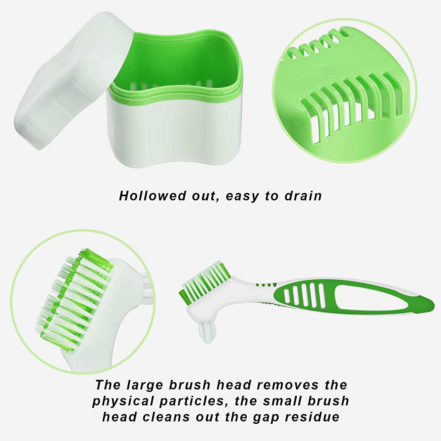 2 Denture Bath Cases Denture Cups with 2 Denture Cleaner Brushes Denture Container with Basket Dentu