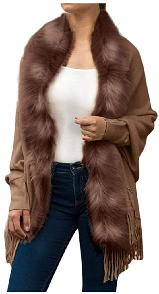 WUAI-Women Winter Faux Fur Knitted Cashmere Poncho Capes Shawl Cardigans Sweater Coat