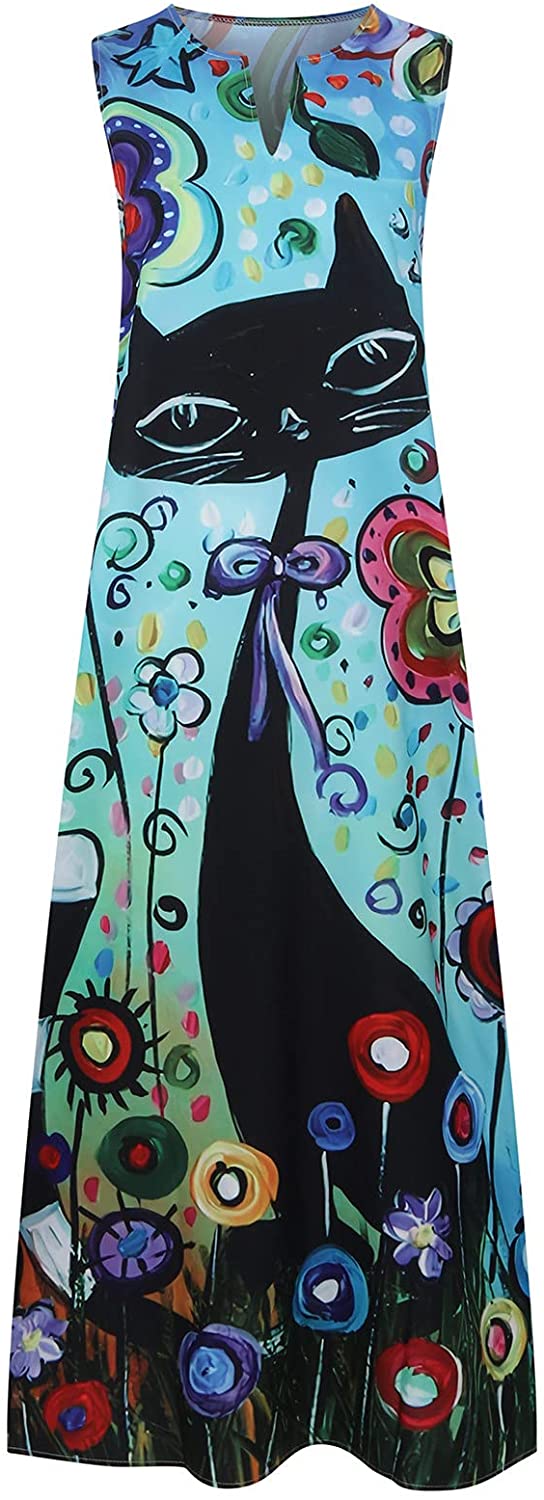 Women’s Casual Maxi Dress Long V-neck, vintage print Backless Loose Sundress
