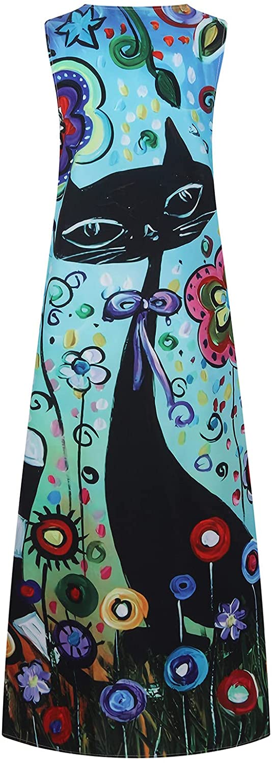 Women’s Casual Maxi Dress Long V-neck, vintage print Backless Loose Sundress