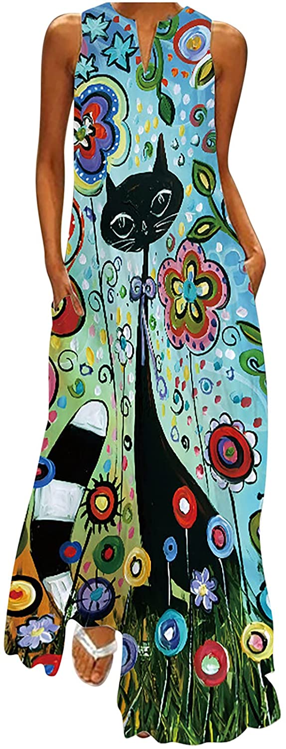 Women’s Casual Maxi Dress Long V-neck, vintage print Backless Loose Sundress