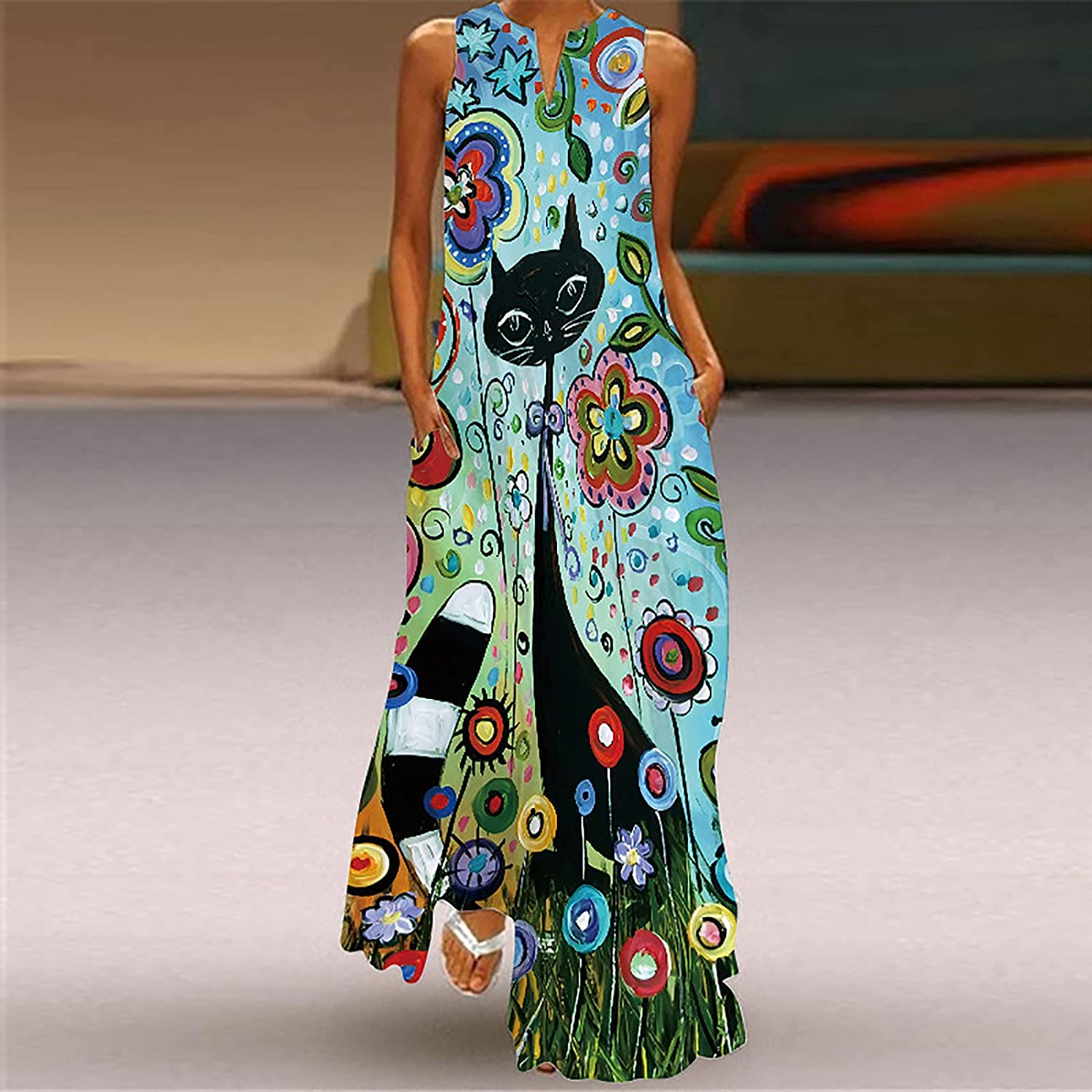 Women’s Casual Maxi Dress Long V-neck, vintage print Backless Loose Sundress