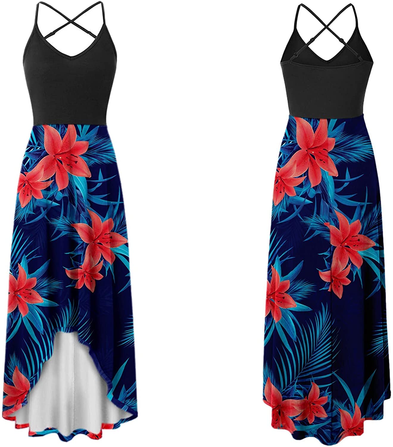 WYTong Women Sexy V-Neck Elegant Party Dress Irregular Hem Prints Long Party Dress Spaghetti Strap D