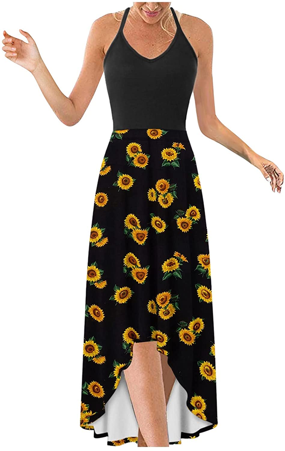 WYTong Women Sexy V-Neck Elegant Party Dress Irregular Hem Prints Long Party Dress Spaghetti Strap D