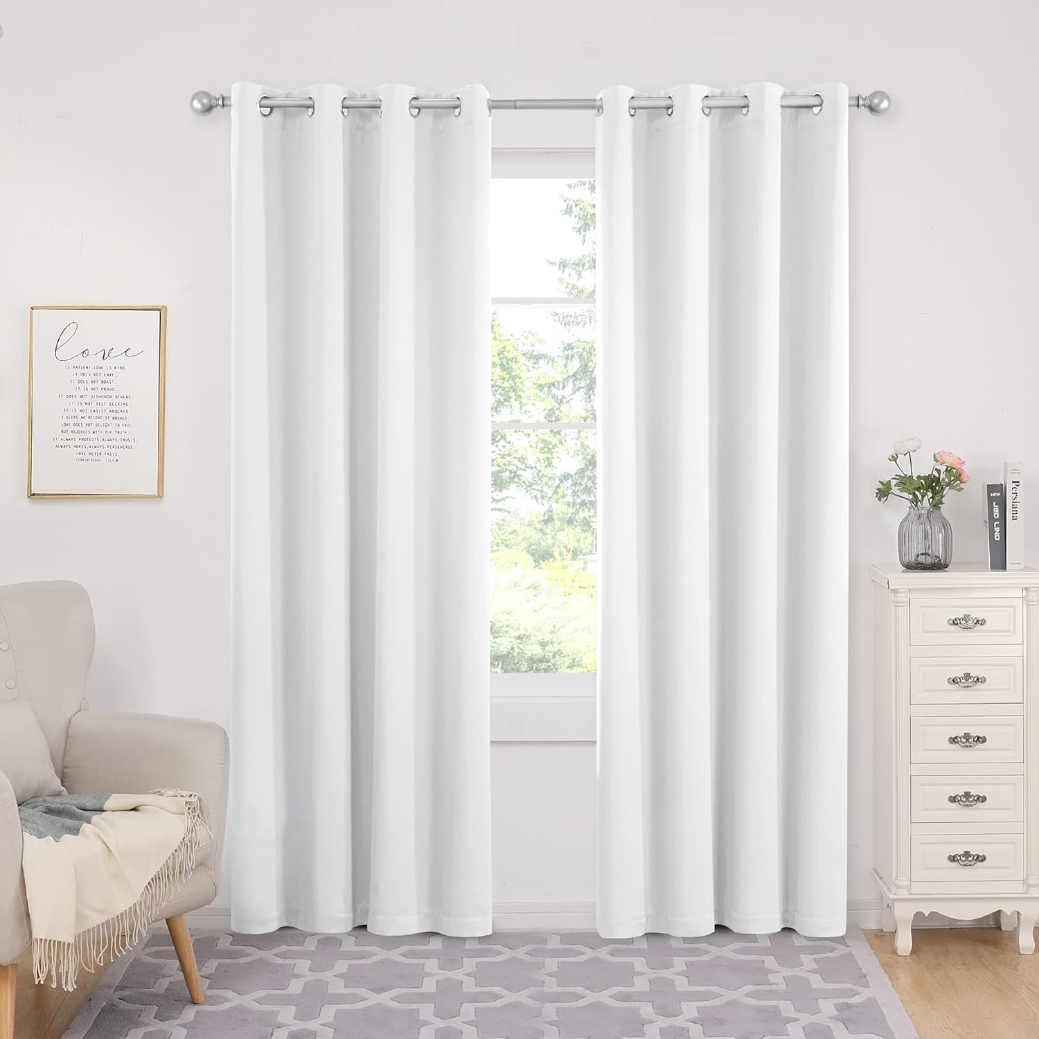 Deconovo 100% Blackout Curtains, Pure White, Total Light Blocking Curtain 108 Inch Length with Liner