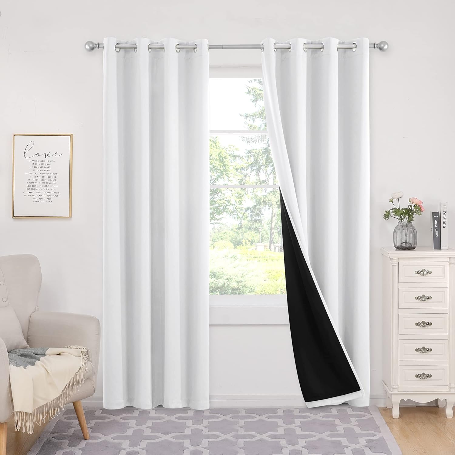 Deconovo 100% Blackout Curtains, Pure White, Total Light Blocking Curtain 108 Inch Length with Liner