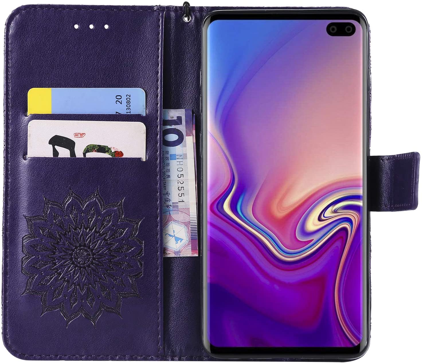 Cfrau Kickstand Wallet Case with Black Stylus for Samsung Galaxy S10 Plus,Retro Mandala Sunflower PU