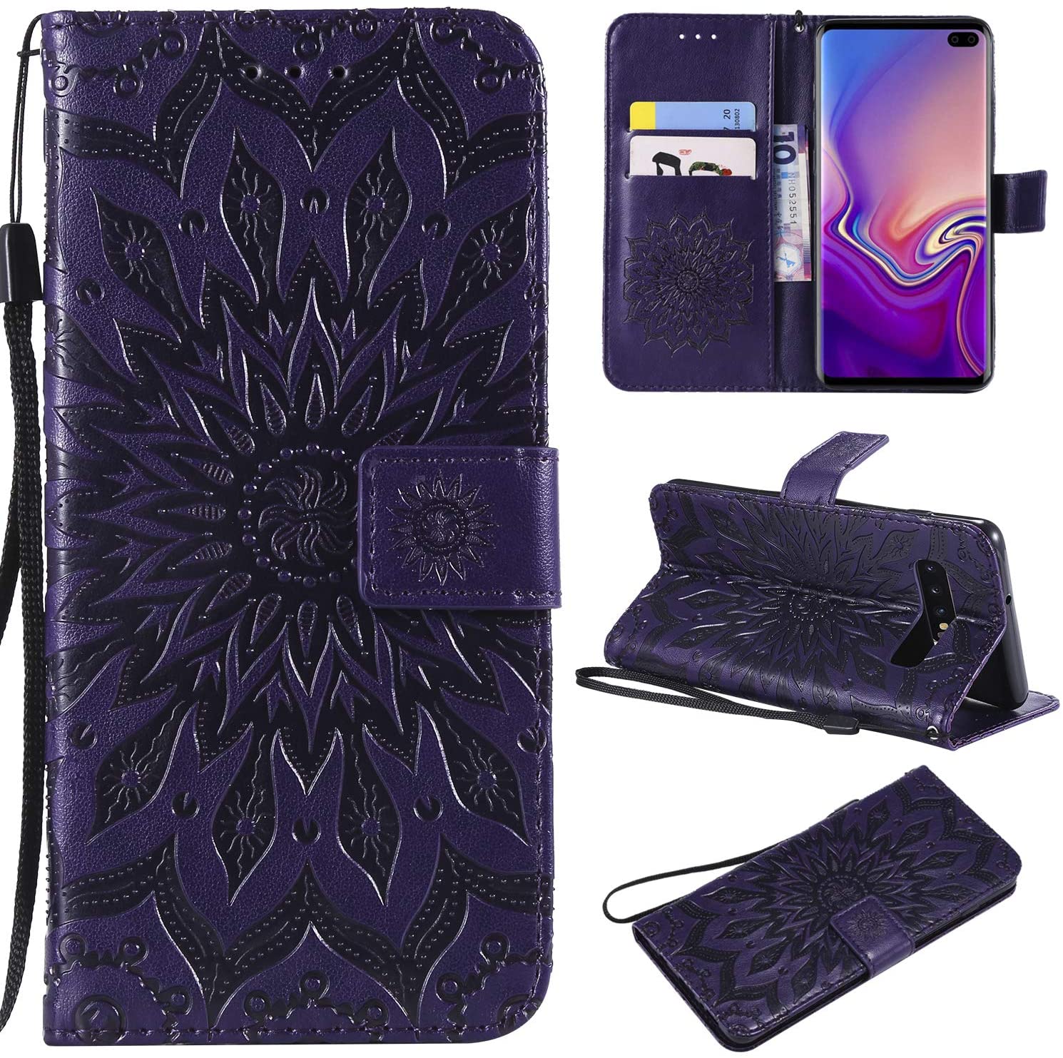 Cfrau Kickstand Wallet Case with Black Stylus for Samsung Galaxy S10 Plus,Retro Mandala Sunflower PU