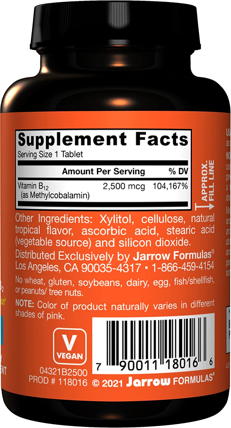 Jarrow Formulas Methyl B-12 2500 mcg - 100 Chewable Tablets, Tropical - Bioactive Vitamin B12 - Supp