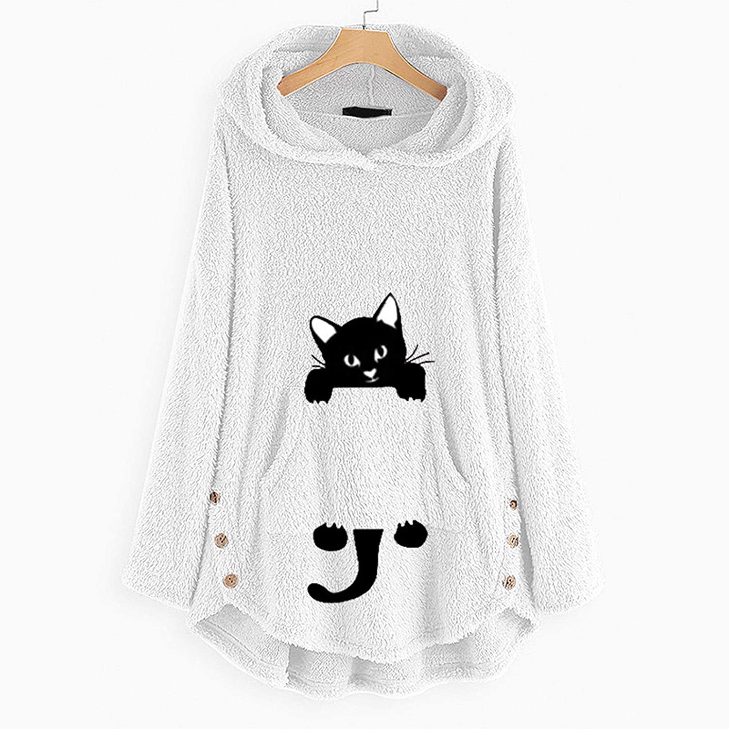 Dosoop Womens Fleece Warm Hoodie Fleece Pullover Autumn Winter Plush Cat Embroidery Plus Size Hooded