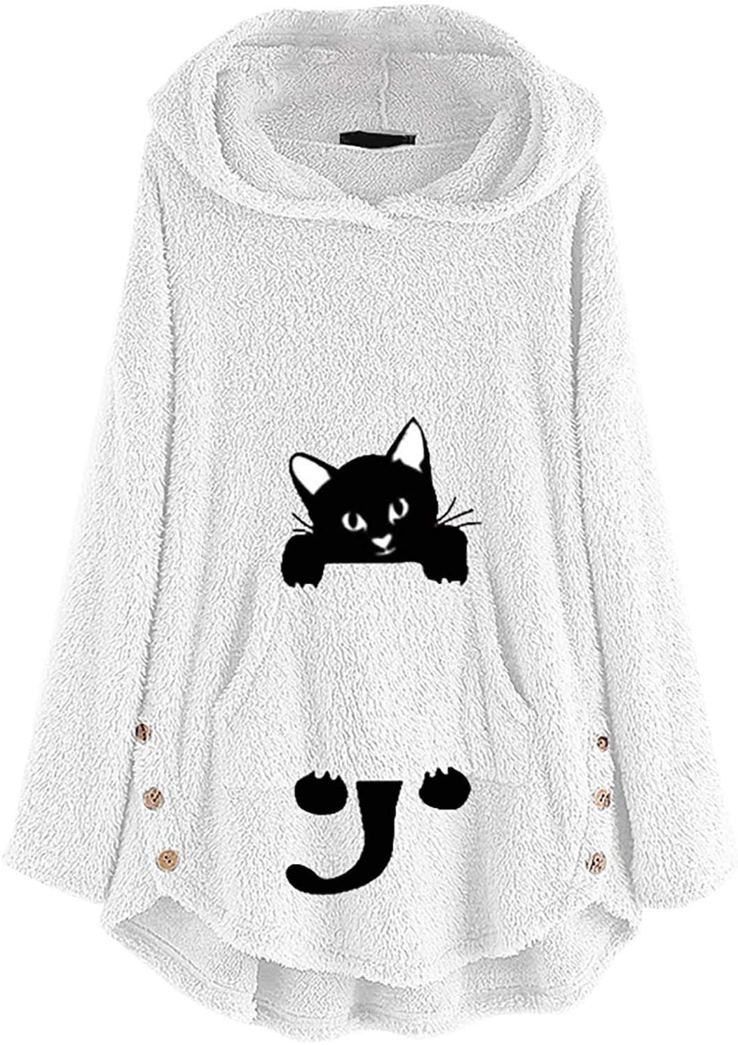 Dosoop Womens Fleece Warm Hoodie Fleece Pullover Autumn Winter Plush Cat Embroidery Plus Size Hooded