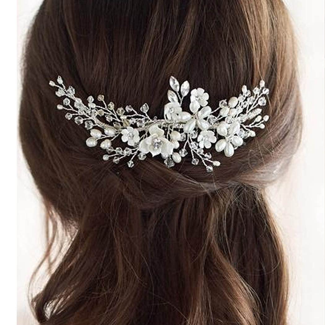 Bmirth Silver Wedding Hair Comb Crystal Bridal Hair Piece Pearl Rhinestone Bride Hair Accessories fo