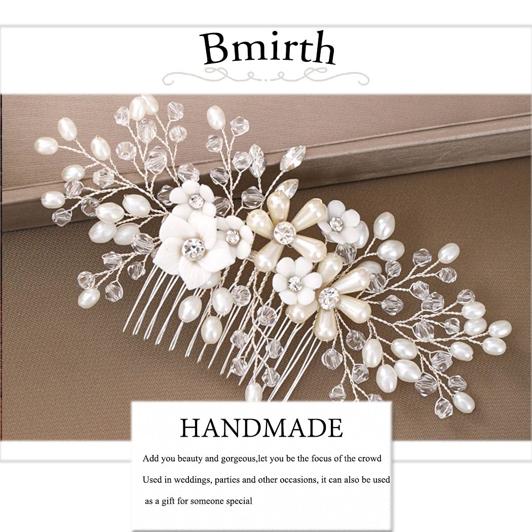 Bmirth Silver Wedding Hair Comb Crystal Bridal Hair Piece Pearl Rhinestone Bride Hair Accessories fo