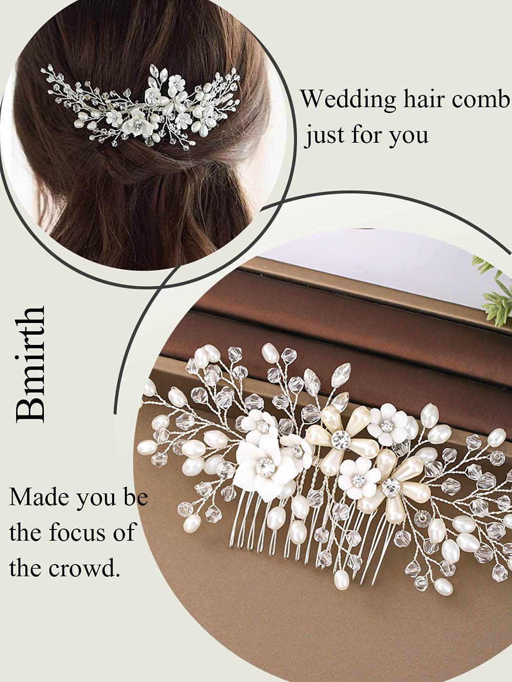 Bmirth Silver Wedding Hair Comb Crystal Bridal Hair Piece Pearl Rhinestone Bride Hair Accessories fo