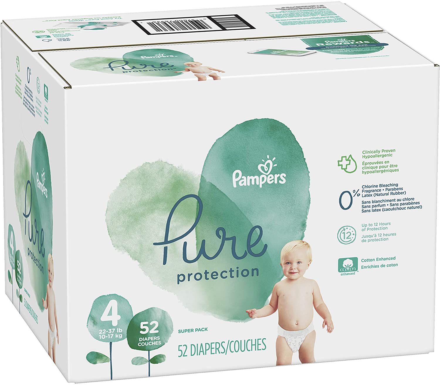 Diapers Size 4, 52 Count - Pampers Pure Protection Disposable Baby Diapers, Hypoallergenic and Unsce