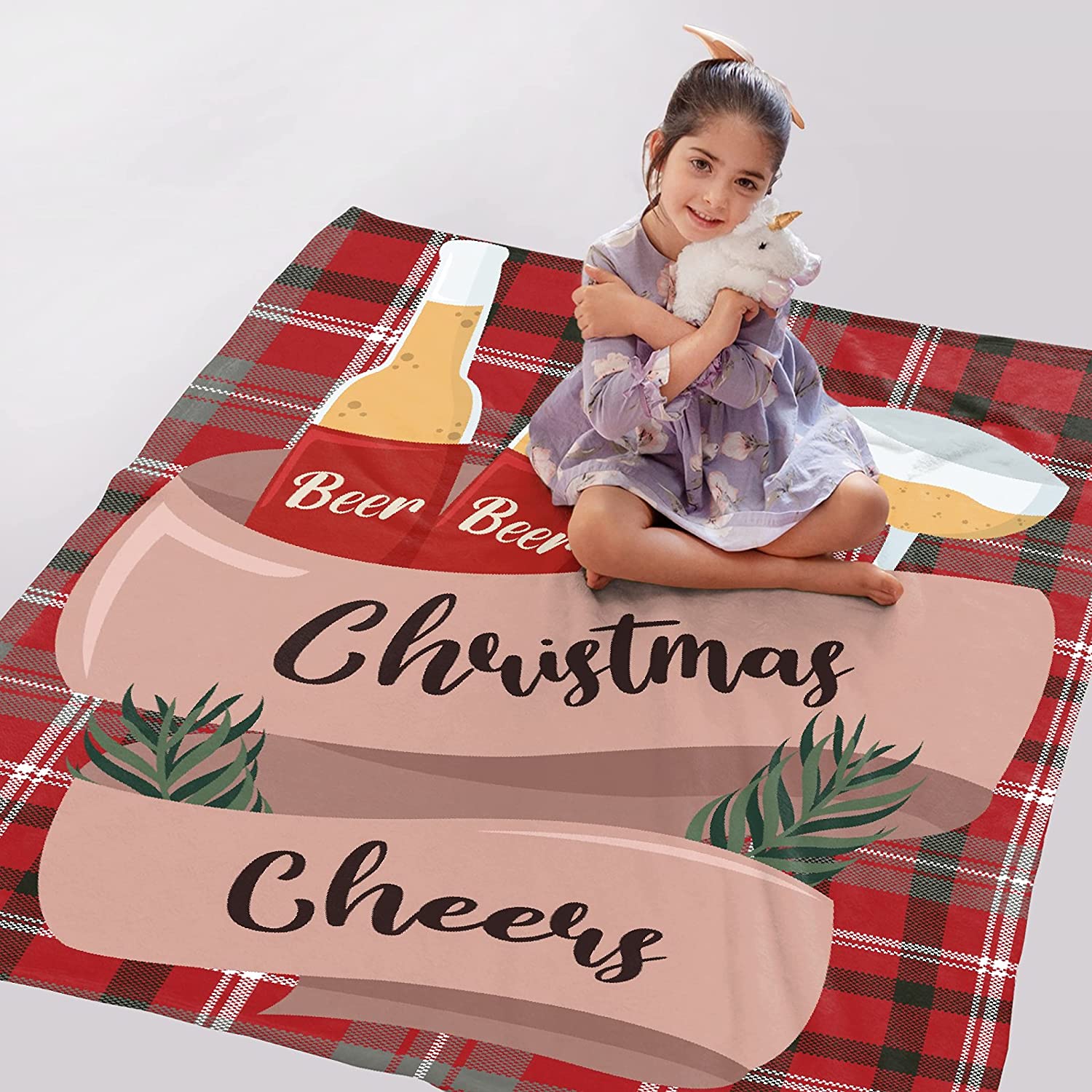 Christmas Cheers Throw Blanket, Winter Holiday Daughter Son Gift Fleece Blanket Buffalo Plaid Christ