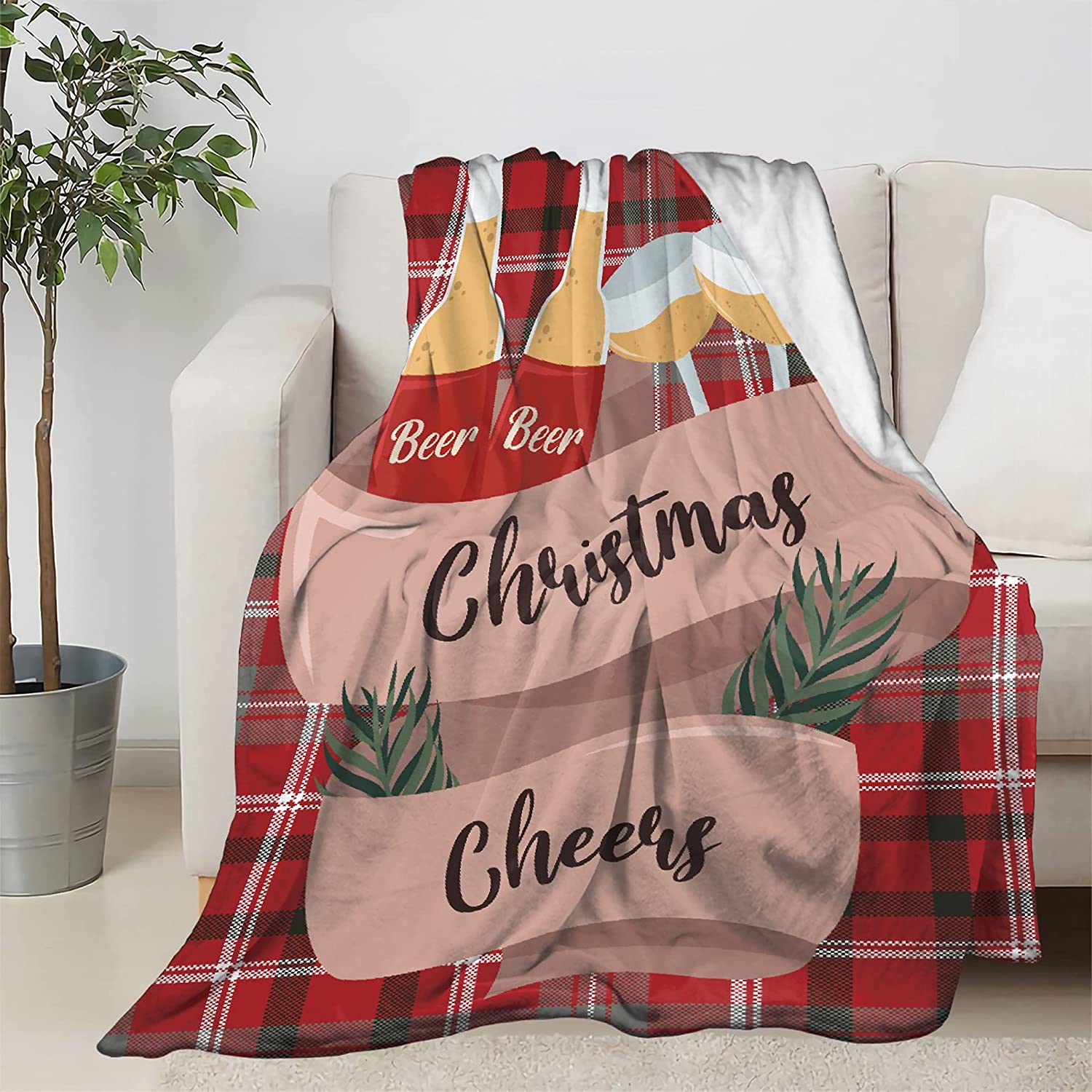 Christmas Cheers Throw Blanket, Winter Holiday Daughter Son Gift Fleece Blanket Buffalo Plaid Christ