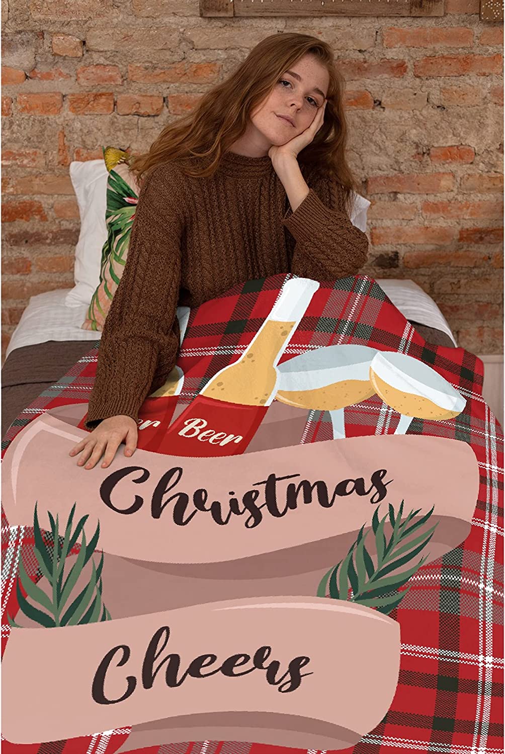Christmas Cheers Throw Blanket, Winter Holiday Daughter Son Gift Fleece Blanket Buffalo Plaid Christ