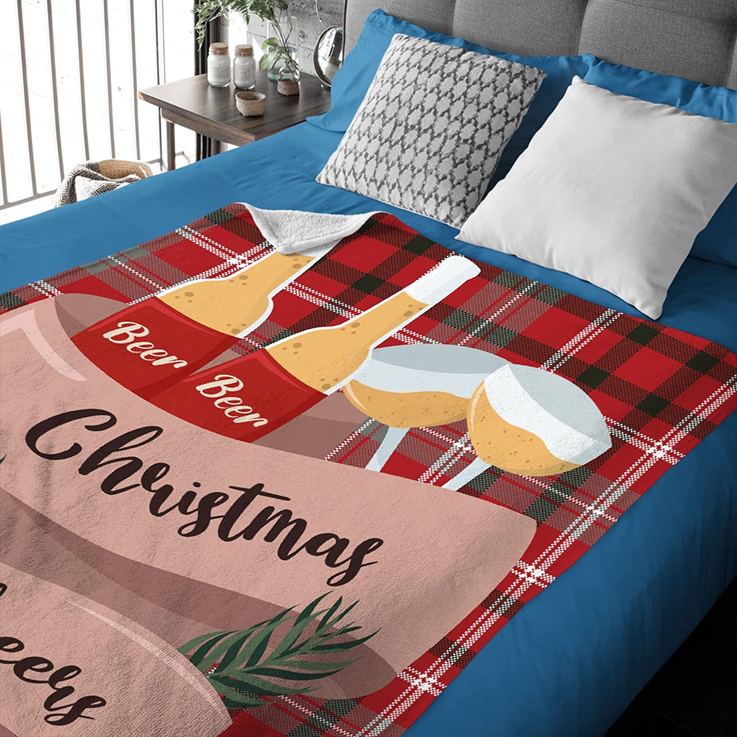 Christmas Cheers Throw Blanket, Winter Holiday Daughter Son Gift Fleece Blanket Buffalo Plaid Christ