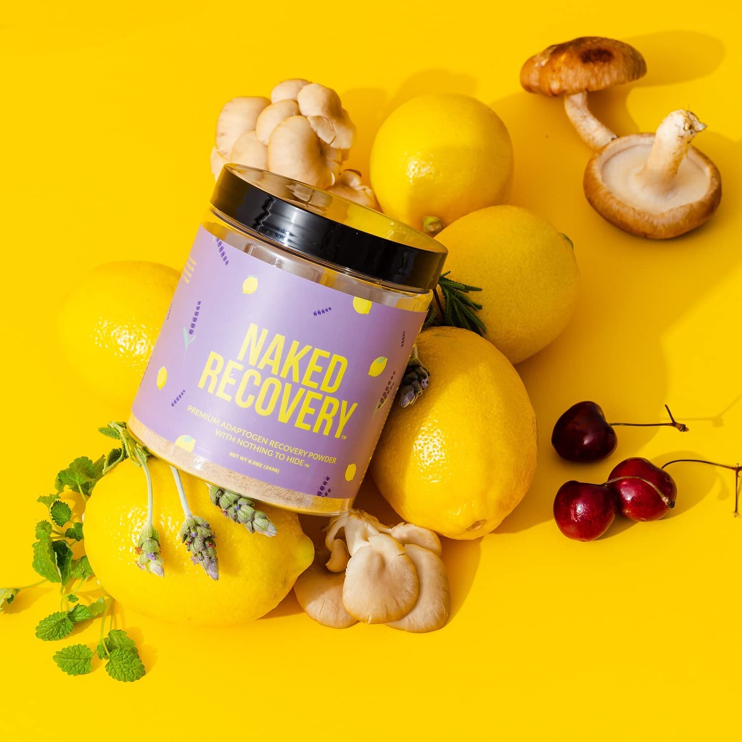 Naked Recovery - Mushroom Supplement Powder - Lions Mane, Cordyceps, Reishi, Tart Cherries, Lemon Ba