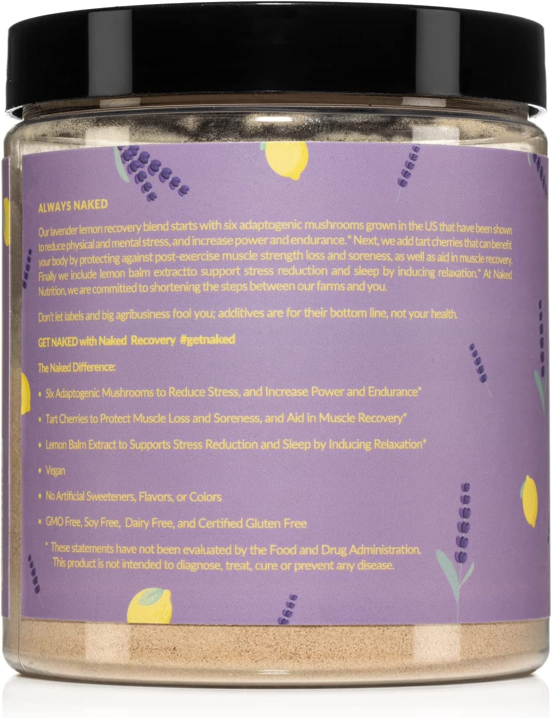 Naked Recovery - Mushroom Supplement Powder - Lions Mane, Cordyceps, Reishi, Tart Cherries, Lemon Ba