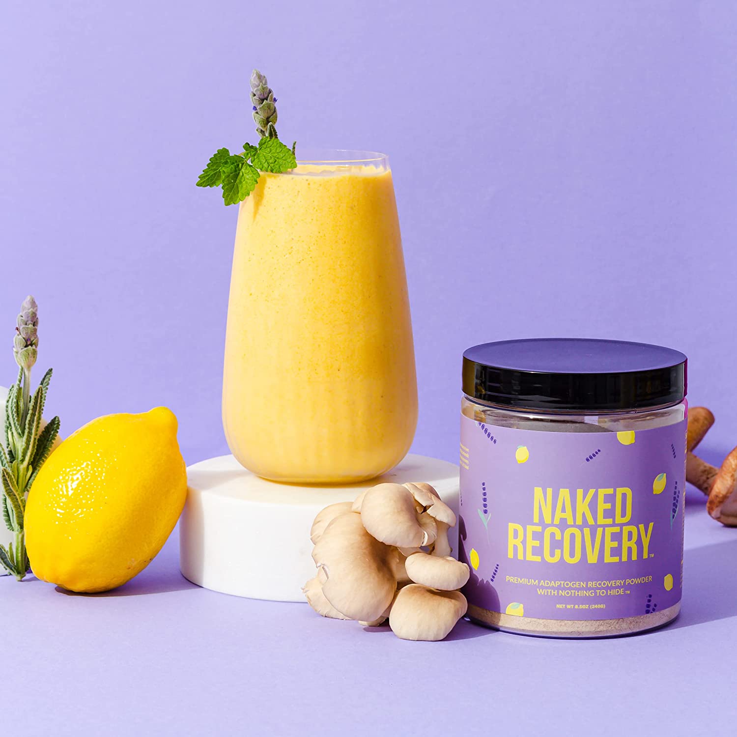 Naked Recovery - Mushroom Supplement Powder - Lions Mane, Cordyceps, Reishi, Tart Cherries, Lemon Ba