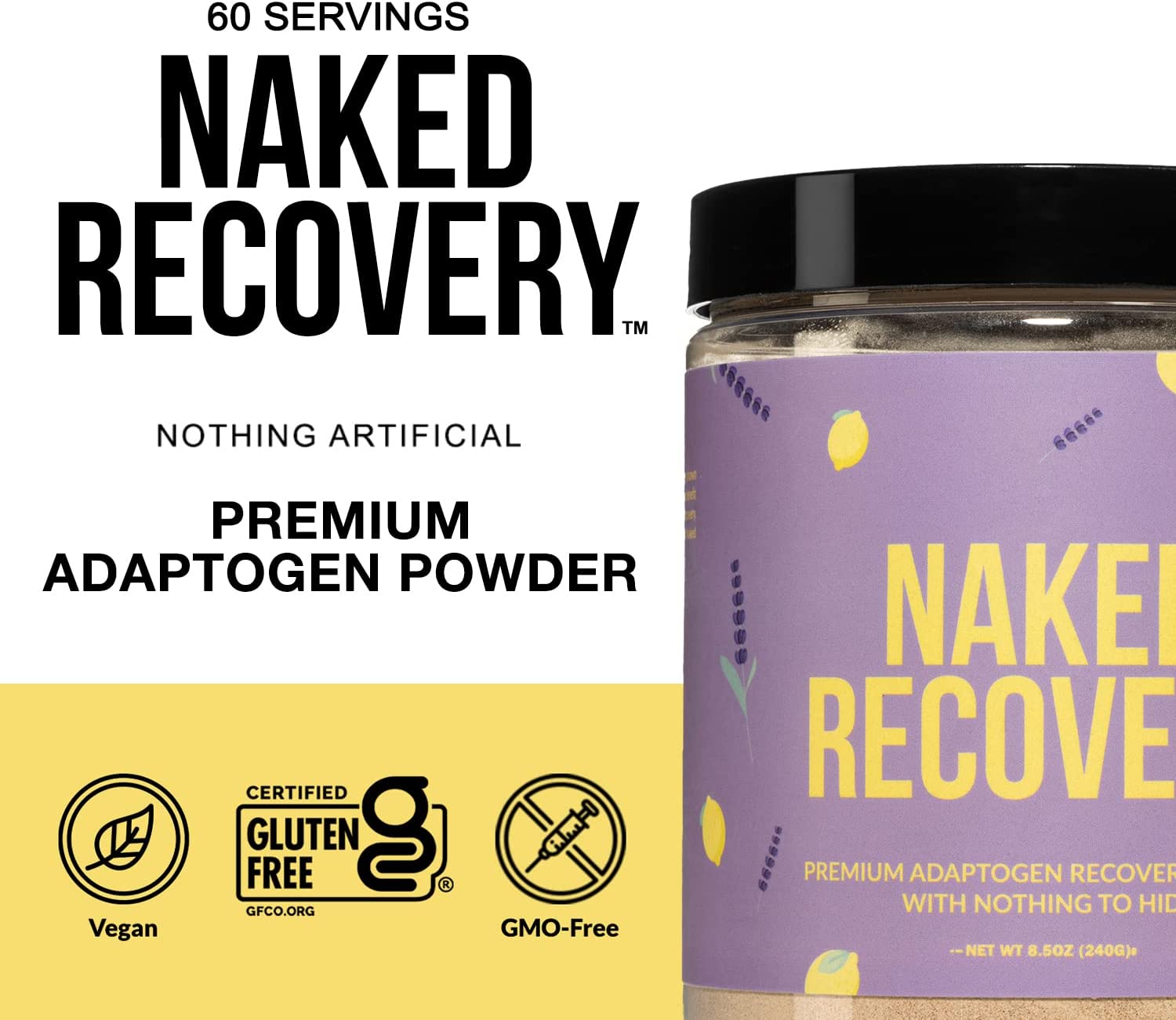 Naked Recovery - Mushroom Supplement Powder - Lions Mane, Cordyceps, Reishi, Tart Cherries, Lemon Ba