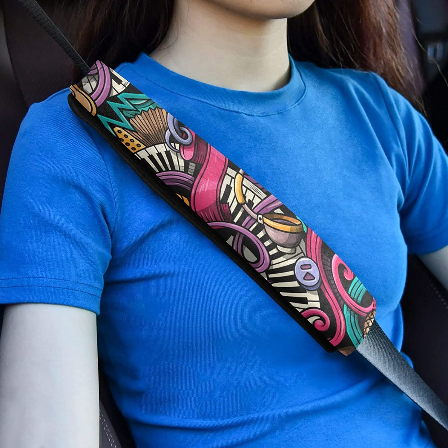 Music Symbols Guitar Piano Doodles Colorful 2 Packs Adjustable Car Seat Belt Pads Cover, Universal C