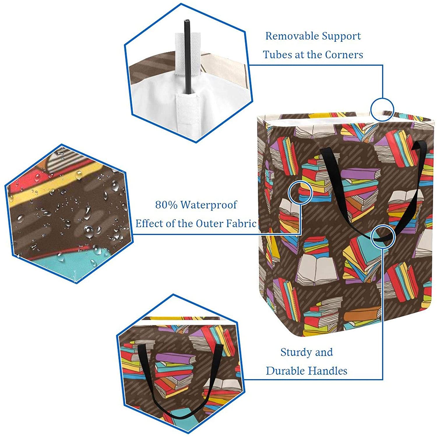 Stack Of Books Pattern Large Sized Storage Baskets with Handle,Collapsible Home Organizer Containers