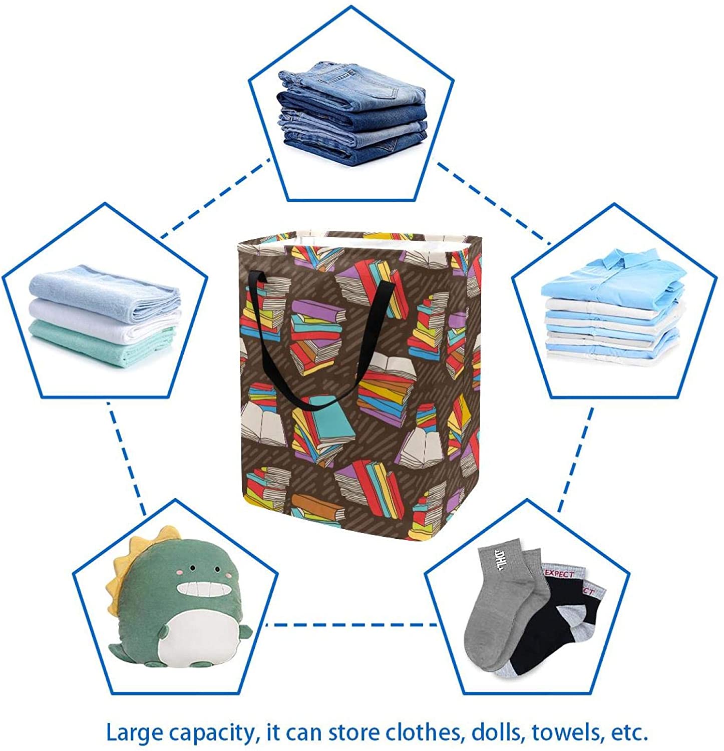 Stack Of Books Pattern Large Sized Storage Baskets with Handle,Collapsible Home Organizer Containers