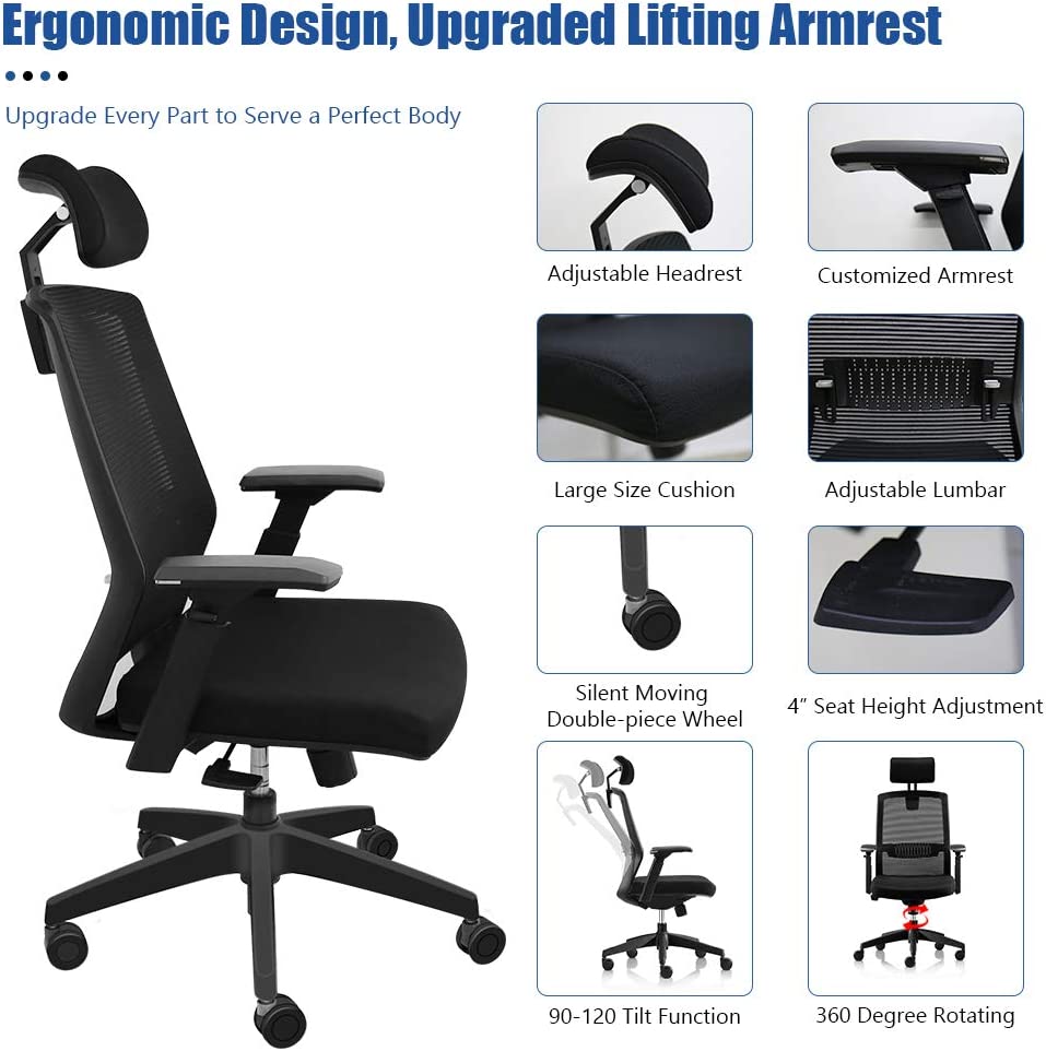 Ergonomic Office Chair, High Back Home Office Desk Chair, Adjustable Mesh Chair, Tilt Back & Lifted 