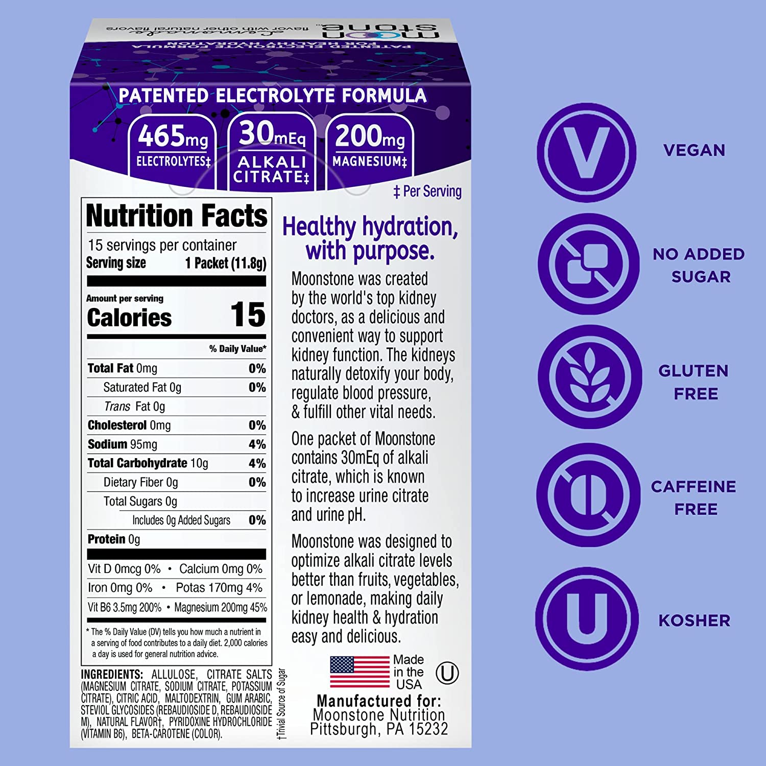 Moonstone Nutrition Kidney Stone Health Supplement, Keto Electrolyte Hydration Powder, Alkalize, Pre