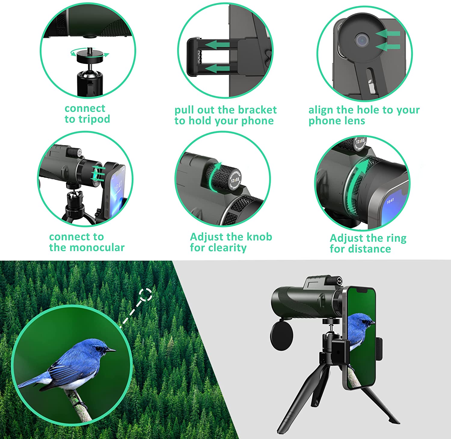 Monocular Telescope, 12x55 Monocular with Upgraded Tripod, Smartphone Adapter, Hand Strap for Adults