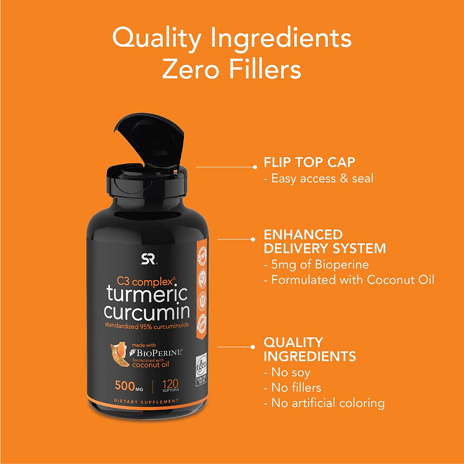 Turmeric Curcumin C3 Complex 500mg, Enhanced with Black Pepper & Organic Coconut Oil for Better Abso