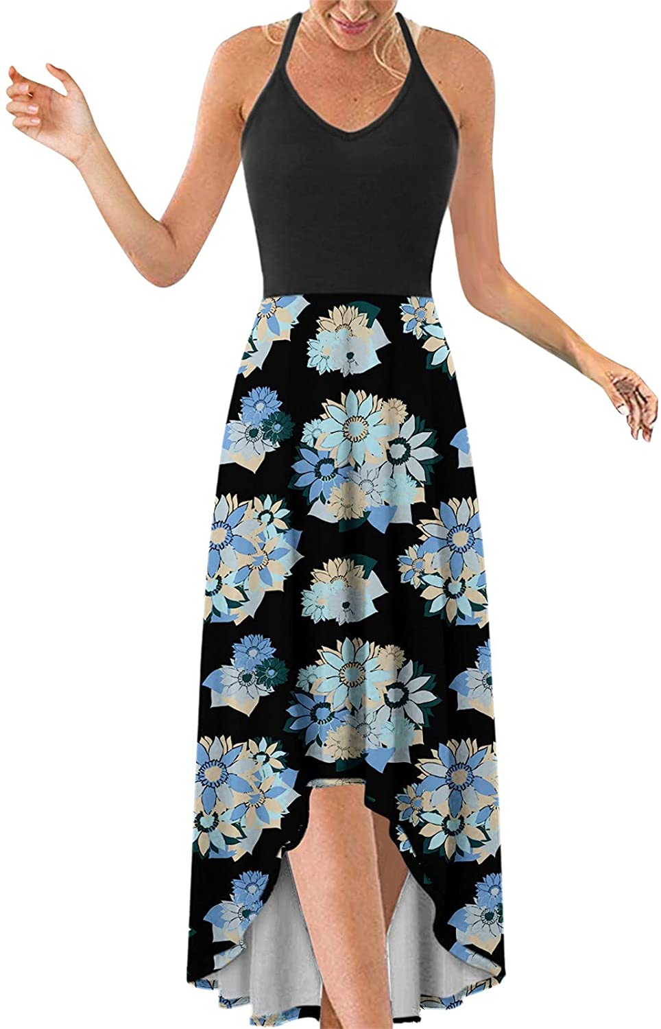 WYTong Women Party Maxi Dress V-Neck Elegant Irregular Hem Prints Summer Beach Dress Spaghetti Strap