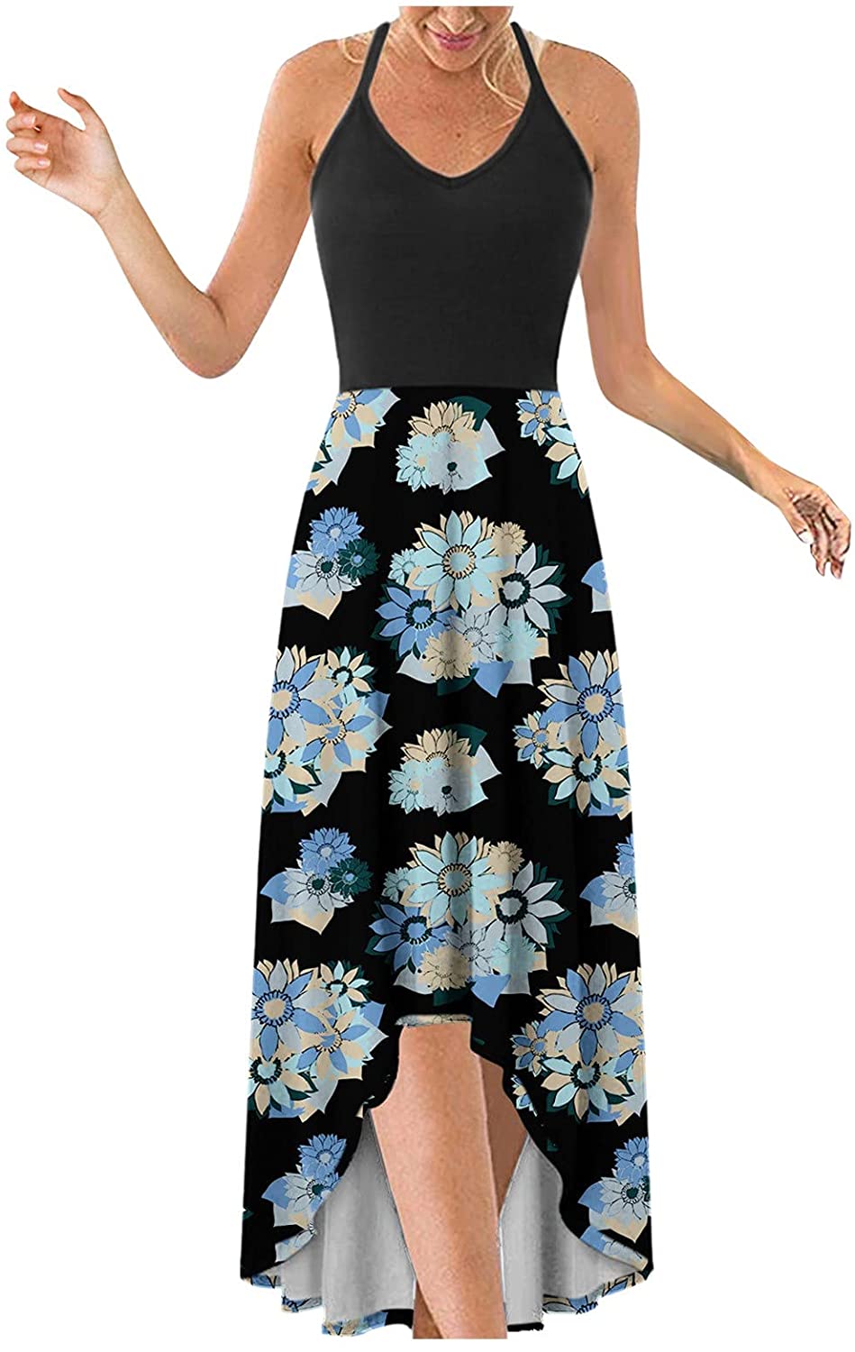 WYTong Women Party Maxi Dress V-Neck Elegant Irregular Hem Prints Summer Beach Dress Spaghetti Strap