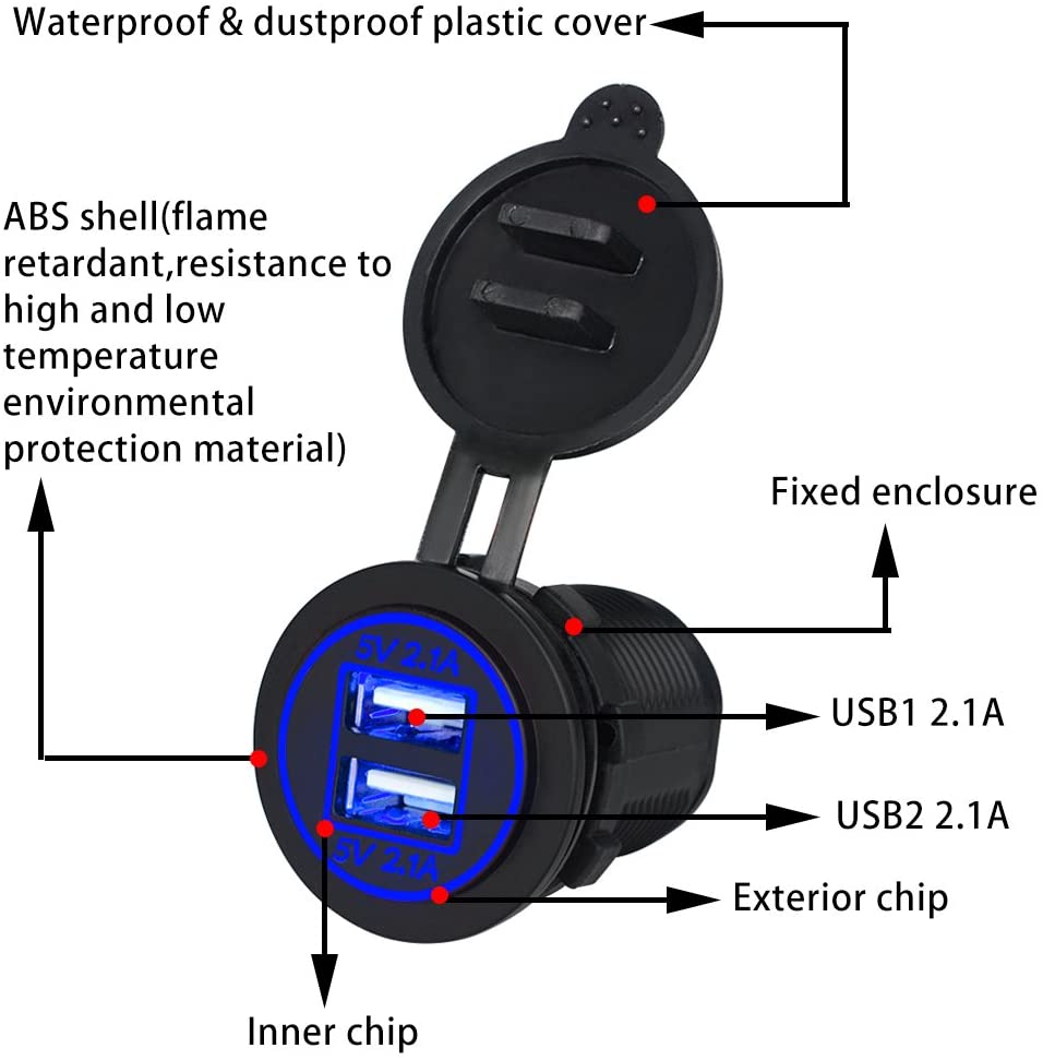 Car Charger Motorcycle Waterproof Dual USB Charger 5V 4.2A Power Outlet for 12 24V Car Motorcycle Wi