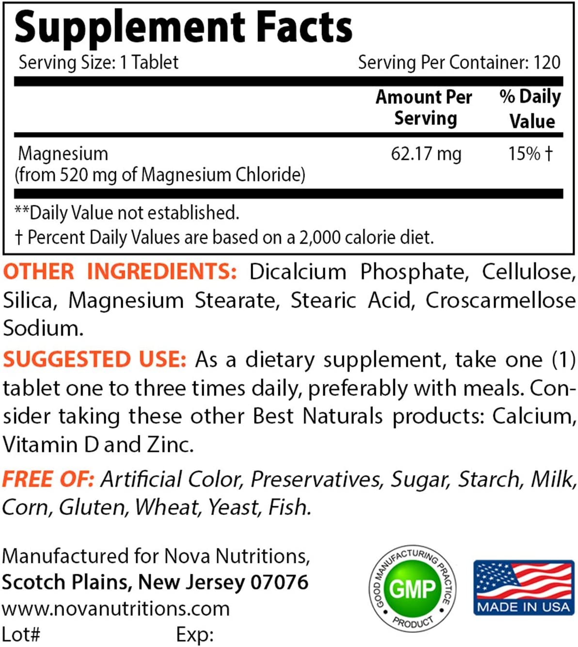 Nova Nutritions Magnesium Chloride 520mg - Supports Healthy Nervous System - 120 Tablets