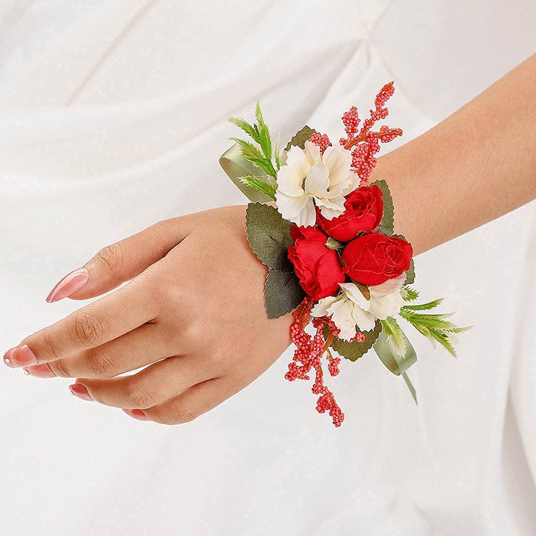 Campsis Wedding Wrist Flower Corsage Red Handmade Floarl Hand Flower Bride Bridal Artificial Wristle