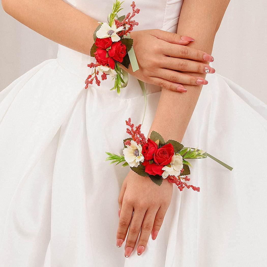 Campsis Wedding Wrist Flower Corsage Red Handmade Floarl Hand Flower Bride Bridal Artificial Wristle