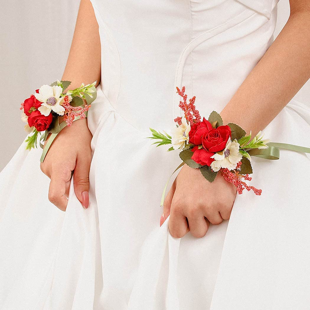 Campsis Wedding Wrist Flower Corsage Red Handmade Floarl Hand Flower Bride Bridal Artificial Wristle
