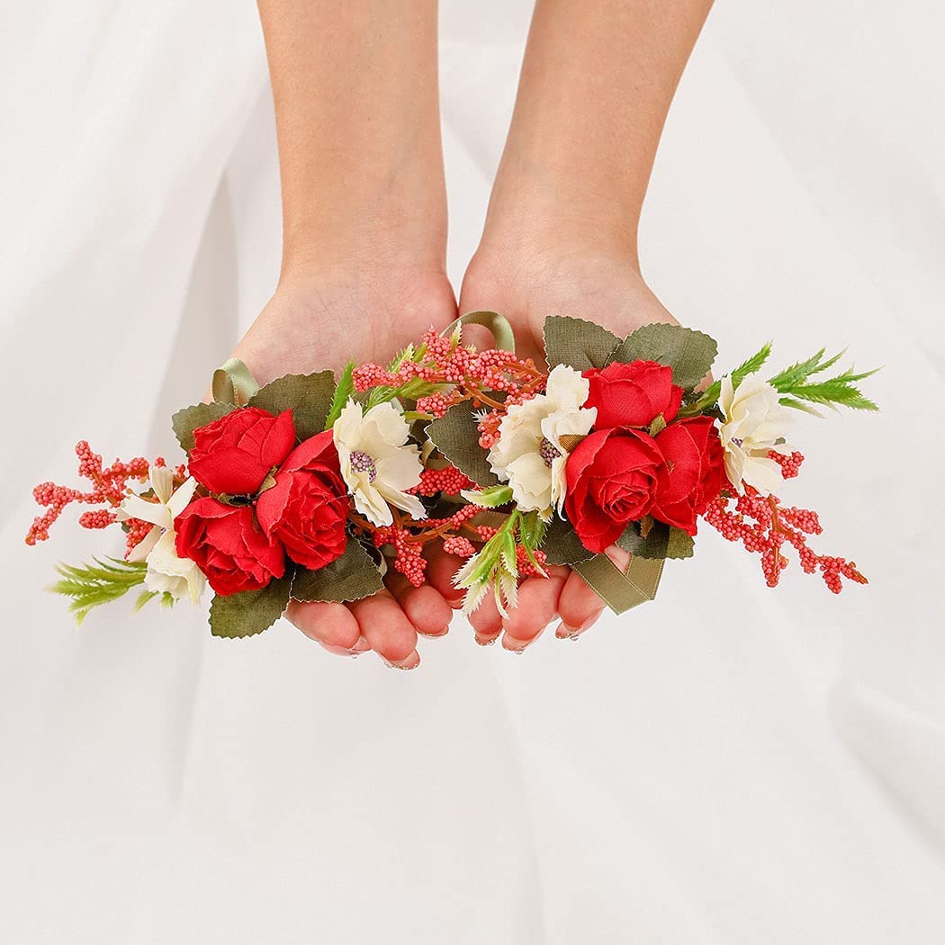 Campsis Wedding Wrist Flower Corsage Red Handmade Floarl Hand Flower Bride Bridal Artificial Wristle